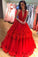 Ball Gown Red Deep V Neck Tulle Prom Dresses Long Appliques Quinceanera Dresses