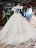 Ball Gown Round Neck Ivory Beads Open Back Wedding Dresses Quinceanera Dresses