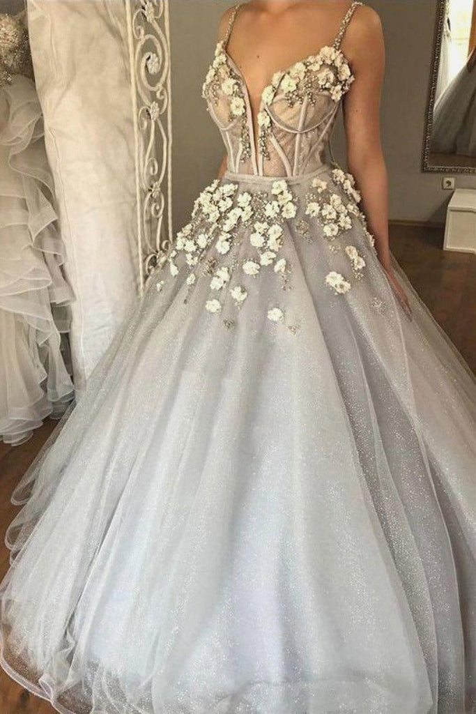 Ball Gown Spaghetti Straps V Neck Silver 3D Floral Beads Prom Dresses Dance Dresses