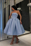 Ball Gown Strapless Satin Blue Short Prom Dresses Tea Length Sleeveless Homecoming Dresses