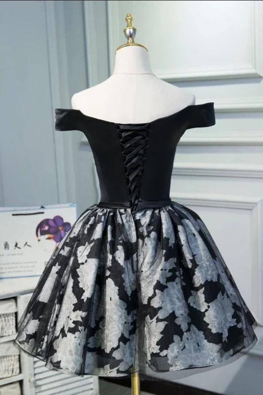 Black Satin Off the Shoulder Cute Homecoming Dresses Short Prom Dress Hoco Gowns