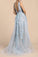 Blue Deep V Neck Backless Prom Dresses Long Lace Appliques Tulle Formal Dresses