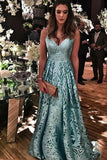 Blue Lace Spaghetti Straps Long Prom Dresses V Neck Sleeveless Evening Dresses