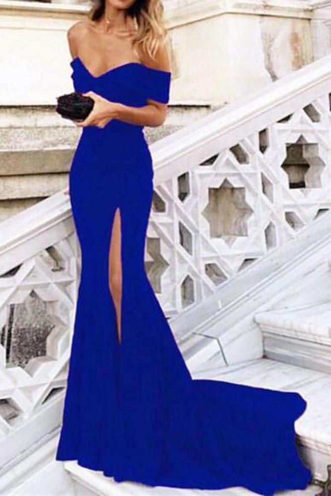 Blue Mermaid Off the Shoulder Prom Dresses with Split Satin Sweetheart Party Dress