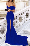 Blue Mermaid Off the Shoulder Prom Dresses with Split Satin Sweetheart Party Dress
