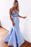 Blue Mermaid Two Piece Satin Lace up Long Prom Dresses V Neck Party Dresses