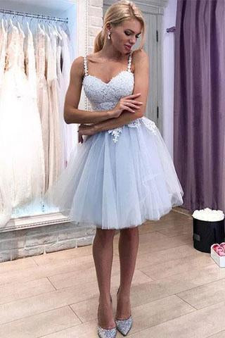 Blue Tulle Lace Sweetheart Short Prom Dress Above Knee Spaghetti Straps Homecoming Dress