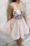 Blush Pink Deep V Neck Appliques Short Prom Dresses Above Knee Homecoming Dress
