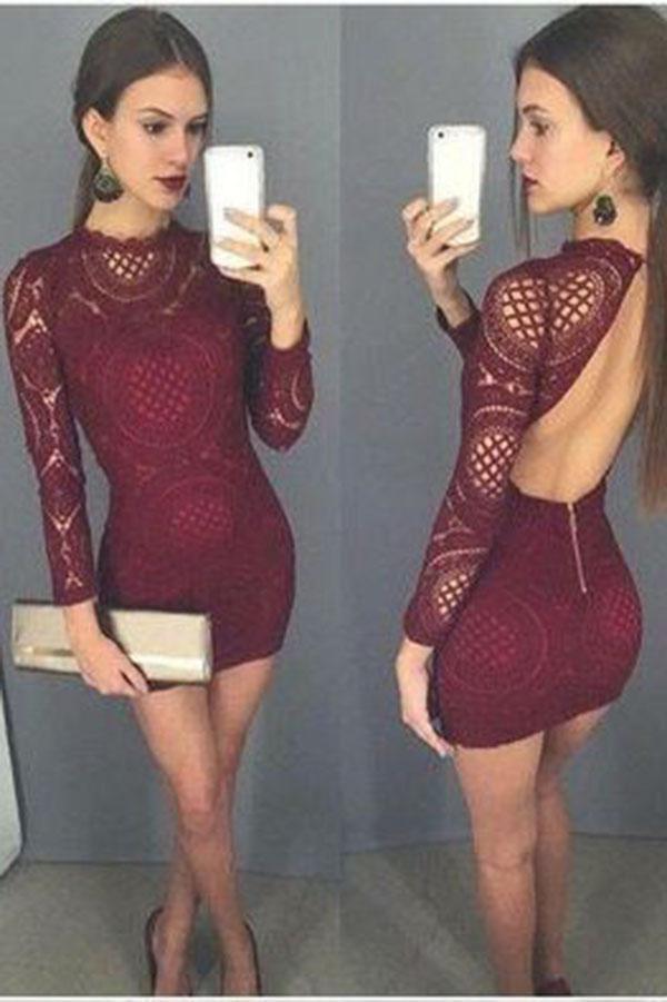 Burgundy Long Sleeve High Neck Backless Sheath Lace Homecoming Dresses Cocktail Dress