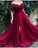 Burgundy Off the Shoulder Maroon Long Prom Dresses Short Sleeves Slit Formal Dress
