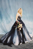 Chic A-Line Scoop Black Appliques Sweetheart Tulle Evening Dresses Prom Dresses