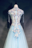 Cap Sleeve Blue Long Tulle Prom Dresses with Flowers Beads Zipper Evening Dresses