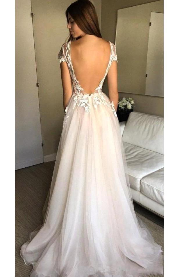 Cap Sleeve Deep V Neck Prom Dress with Appliques Backless Split Wedding Dresses