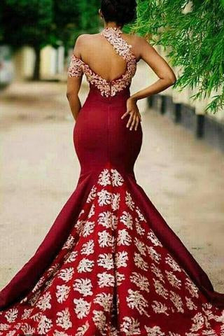 Charming Burgundy Prom Dresses Mermaid Long Lace Appliqued Sleeveless Formal Dress