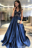 Charming Cap Sleeves V Neck Satin A Line Lace Prom Dresses