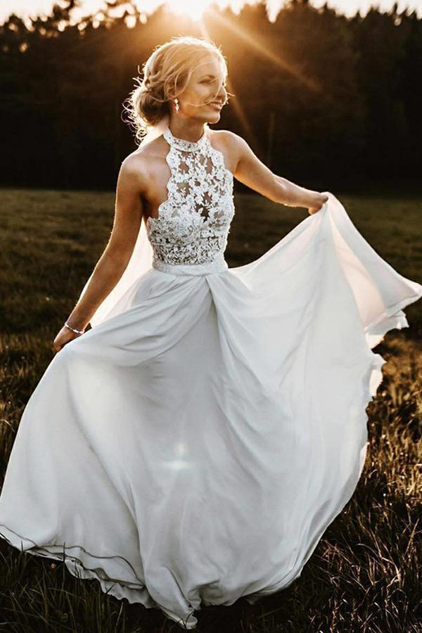Charming Lace White Halter Long Wedding Dresses Chiffon Beach Bridal Dresses