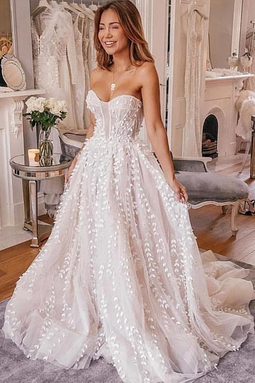 Charming Sweetheart Strapless Tulle Ivory Wedding Dresses Cheap Wedding Gowns