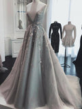 Chic A Line Silver Tulle Prom Dresses V Neck Lace Appliques Long Formal Dresses