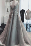 Chic A Line Silver Tulle Prom Dresses V Neck Lace Appliques Long Formal Dresses