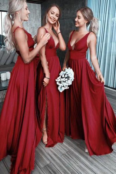 Chic Burgundy Deep V Neck Bridesmaid Dress A Line Sleeveless Backless Prom Dresses