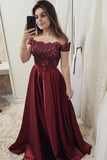 Chic Burgundy Off the Shoulder Floor Length Satin Lace Prom Dresses with Beads