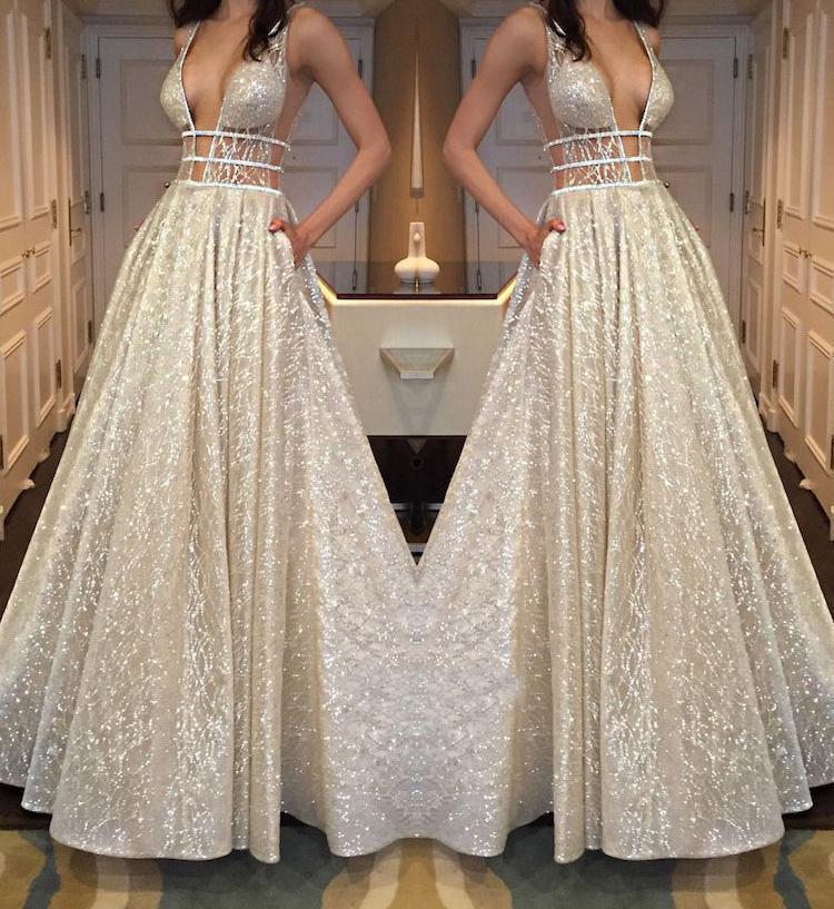 Chic Sparkly Deep V Neck Straps Wedding Dress Sequin Long Prom Dresses