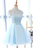 Cute A Line Light Blue High Neck Cap Sleeve Homecoming Dresses with Tulle Flowers