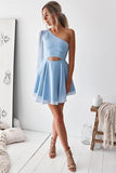Cute Baby Blue One Shoulder Chiffon Cutout Homecoming Dresses Short Prom Dresses