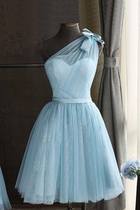 Cute Baby Blue Tulle One Shoulder Short Prom Dress Bowknot Knee Length Party Dresses