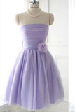 Cute Strapless Flower Lavender Chiffon Short Bridesmaid Dresses with Bow Prom Dresses