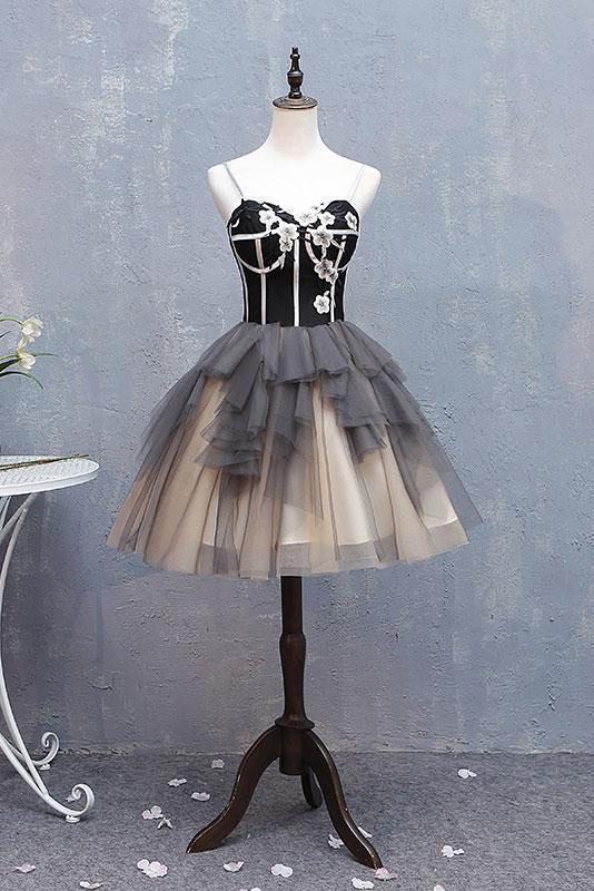 Cute Sweetheart Spaghetti Straps Tulle Short Prom Dresses Black Homecoming Dresses