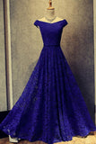 Simple Royal Blue A-Line Lace Off-the-Shoulder Lace up Hollow Prom Dresses