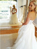A-Line Sweetheart Strapless Lace Tulle White Sleeveless Wedding Dress with Appliques
