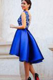 A-line V-neck Satin Backless Lace Royal Blue Homecoming Dresses