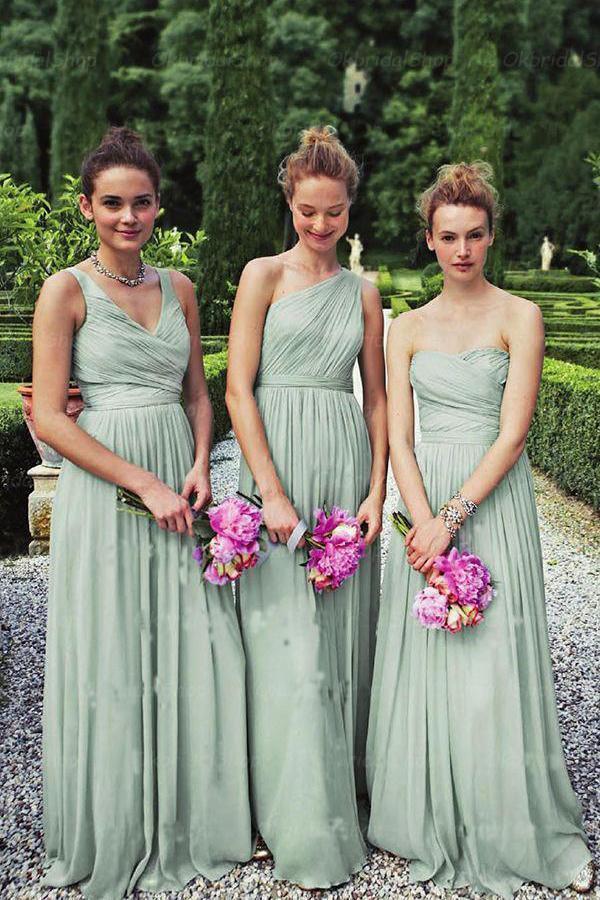 A-Line Dusty Green Long Mismatched Chiffon Prom Dress Bridesmaid Dresses