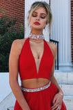 A Line Red Two Pieces V Neck Beads High Neck Slit Tulle Long Prom Dresses