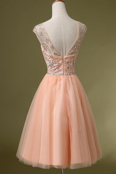 Blush Pink Backless Tulle Short Homecoming Dresses