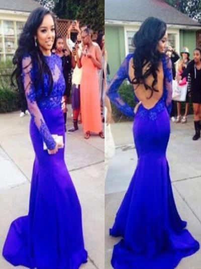 Sexy Mermaid High Neck Royal Blue Long Sleeve Open Back Lace Prom Dresses