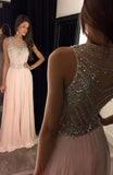 Elegant Long Light Pink Chiffon Evening Dress with Beading Bodice Prom Dresses