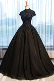 Black Tulle Cap Sleeve Long High Neck Beads Ball Gown Open Back Prom Dresses