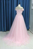 Elegant A line Pink Tulle Prom Dresses with Flowers Off the Shoulder Belt Evening Dress