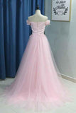 Elegant A line Pink Tulle Prom Dresses with Flowers Off the Shoulder Belt Evening Dress