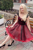 Elegant Cap Sleeve Tulle Black and Red V Neck Homecoming Dresses with Lace up