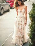 Elegant Spaghetti Straps Tulle Beach Wedding Dress Lace Appliques Bridal Dresses