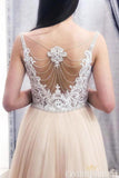 Elegant Sheer Round Neck Tulle Lace Top Prom Dresses with Beading
