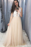 Elegant Sheer Round Neck Tulle Lace Top Prom Dresses with Beading