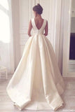 Elegant Straps V Neck Ball Gown Ivory Satin Backless Wedding Dresses with Pockets