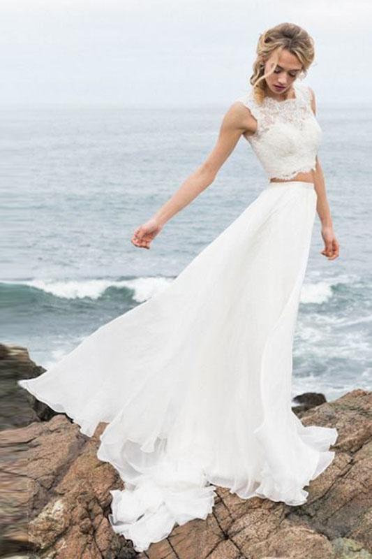 Elegant Two Pieces Straps Chiffon Wedding Dresses with Lace Beach Bridal Gowns