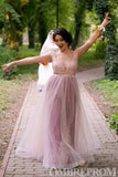 Elegant V Neck A Line Lace Prom Dresses Tulle Long Party Gown