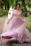 Elegant V Neck A Line Lace Prom Dresses Tulle Long Party Gown